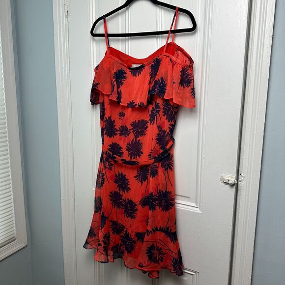 Donna Morgan Mini Dress Womens 16 Orange Navy Floral Off Shoulder Flowy Beachy - Picture 1 of 9